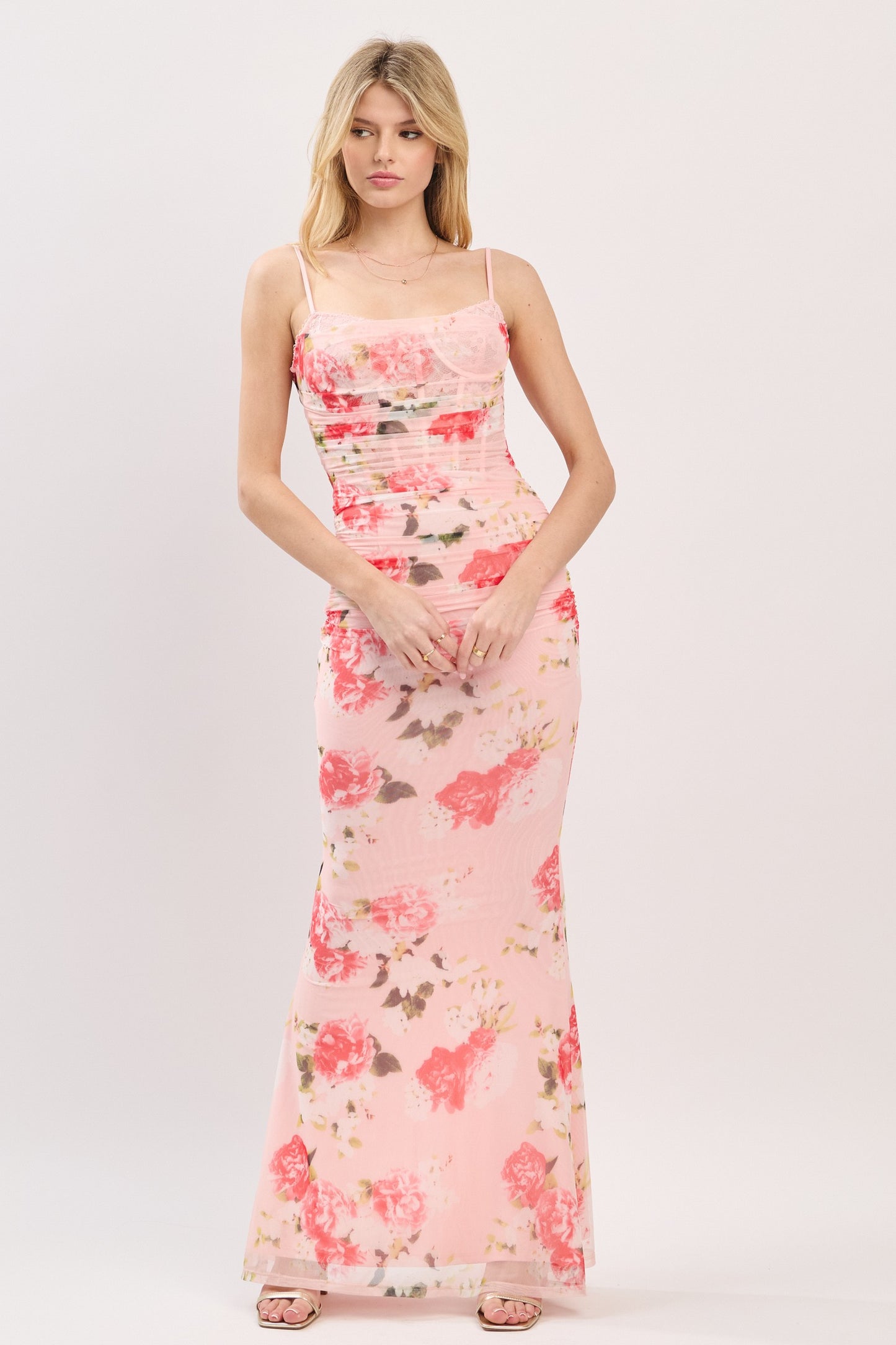 floral sleeveless mesh maxi dress
