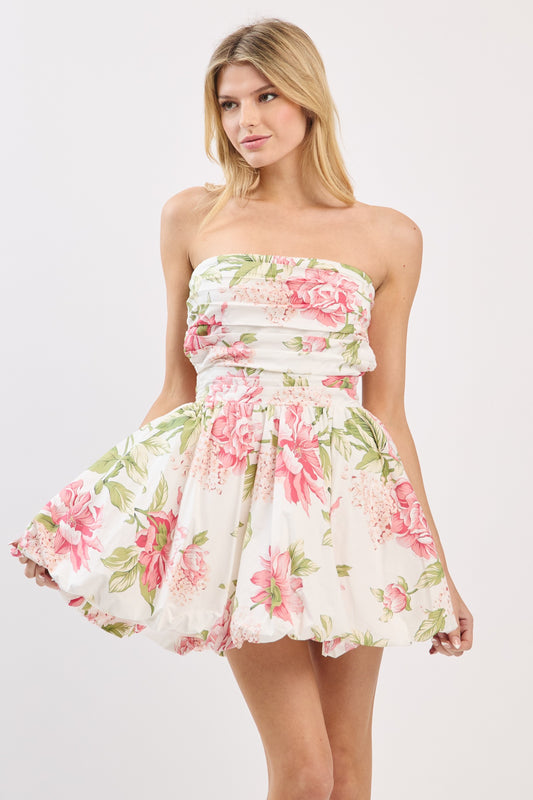 Floral Strapless Bubble Mini Dress