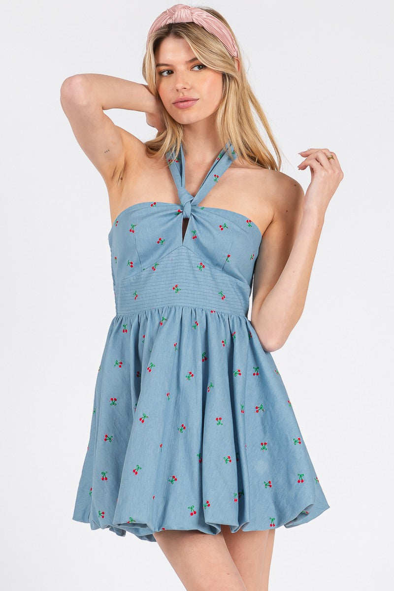 cherry denim bubble hem halter dress