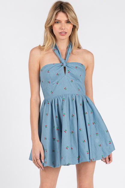 cherry denim bubble hem halter dress