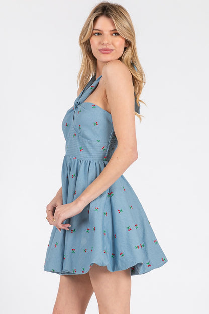 cherry denim bubble hem halter dress