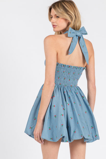 cherry denim bubble hem halter dress