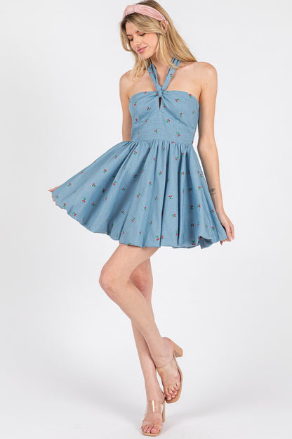 cherry denim bubble hem halter dress