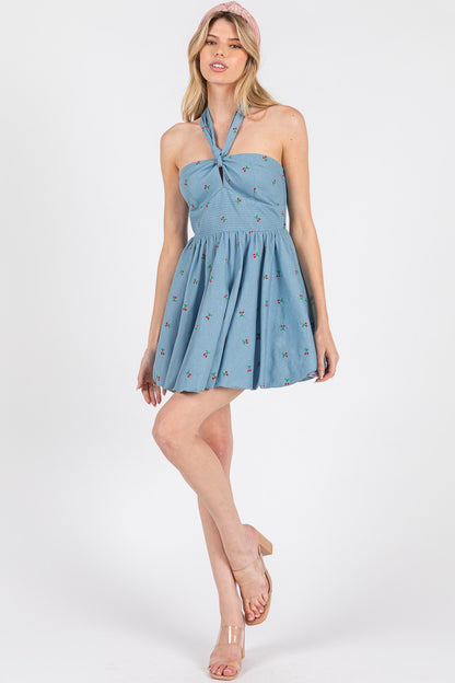 cherry denim bubble hem halter dress