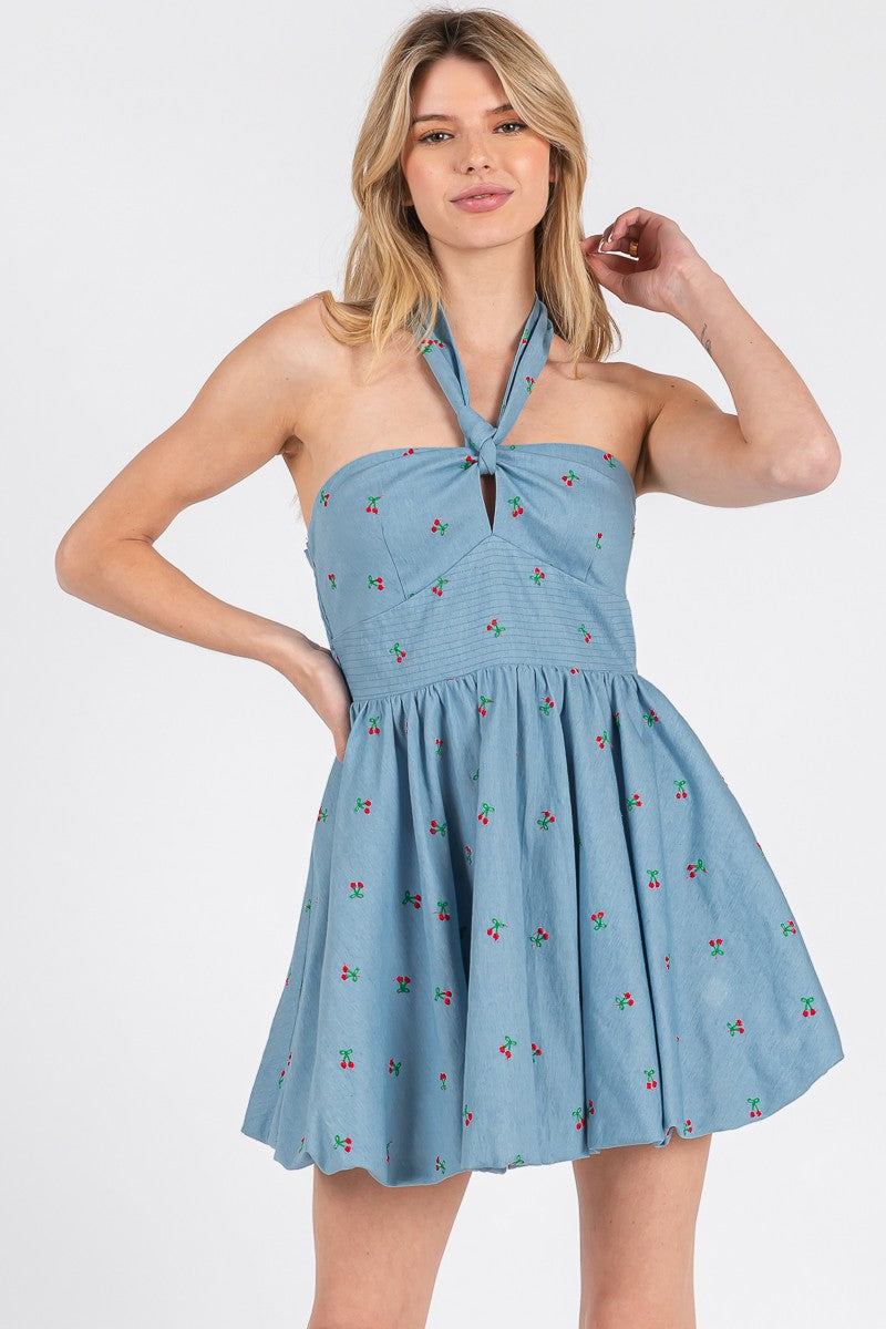 cherry denim bubble hem halter dress