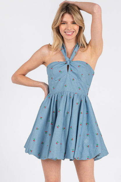cherry denim bubble hem halter dress