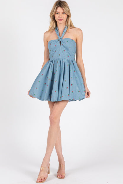 cherry denim bubble hem halter dress