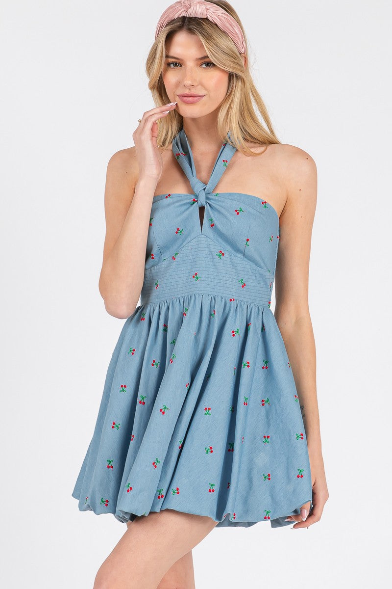 cherry denim bubble hem halter dress