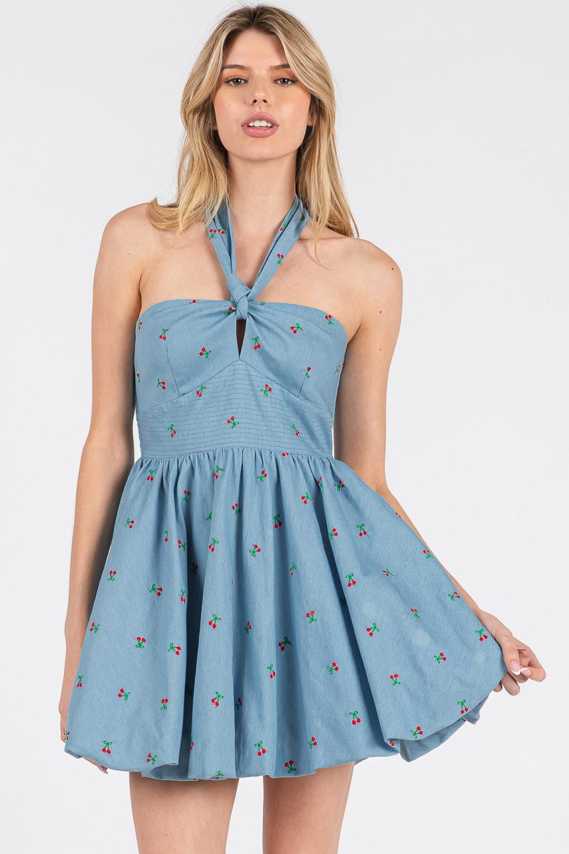 cherry denim bubble hem halter dress