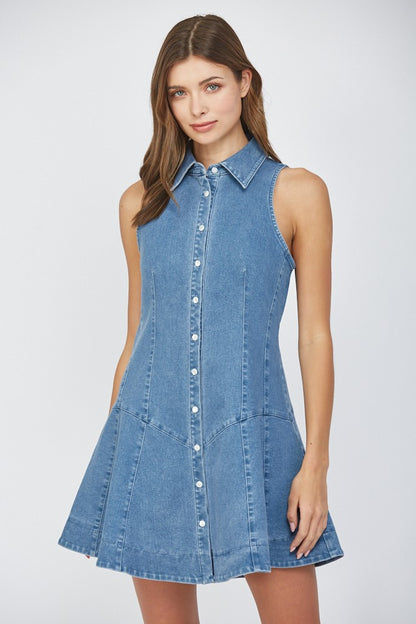 Stretch Denim Sleeveless Seamed Shirt Dress