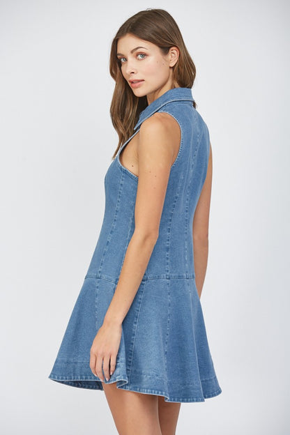 Stretch Denim Sleeveless Seamed Shirt Dress