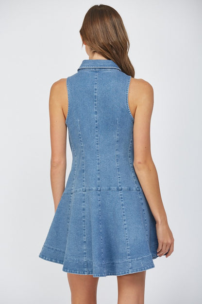 Stretch Denim Sleeveless Seamed Shirt Dress