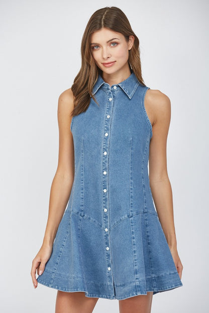 Stretch Denim Sleeveless Seamed Shirt Dress