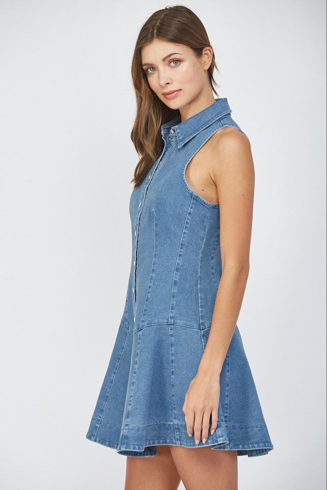 Stretch Denim Sleeveless Seamed Shirt Dress