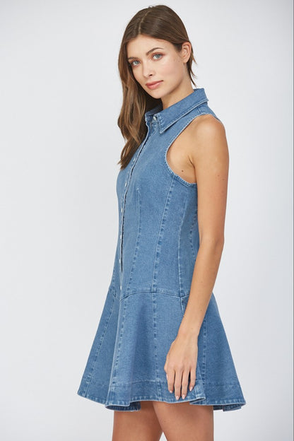Stretch Denim Sleeveless Seamed Shirt Dress