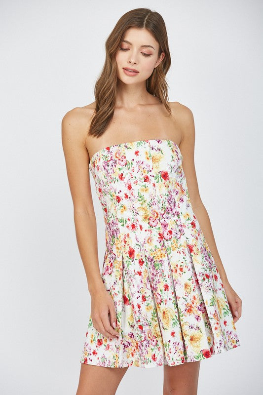 floral strapless pleated dress