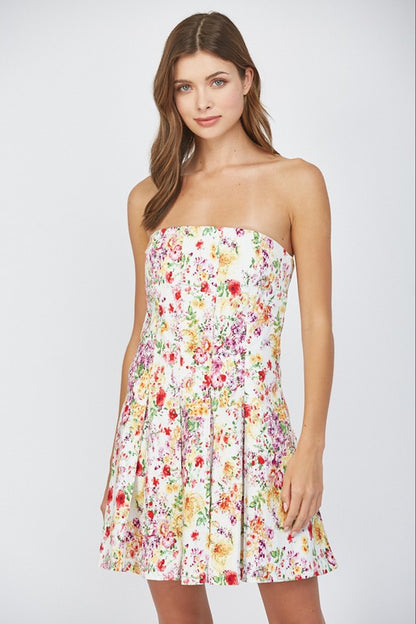 floral strapless pleated dress
