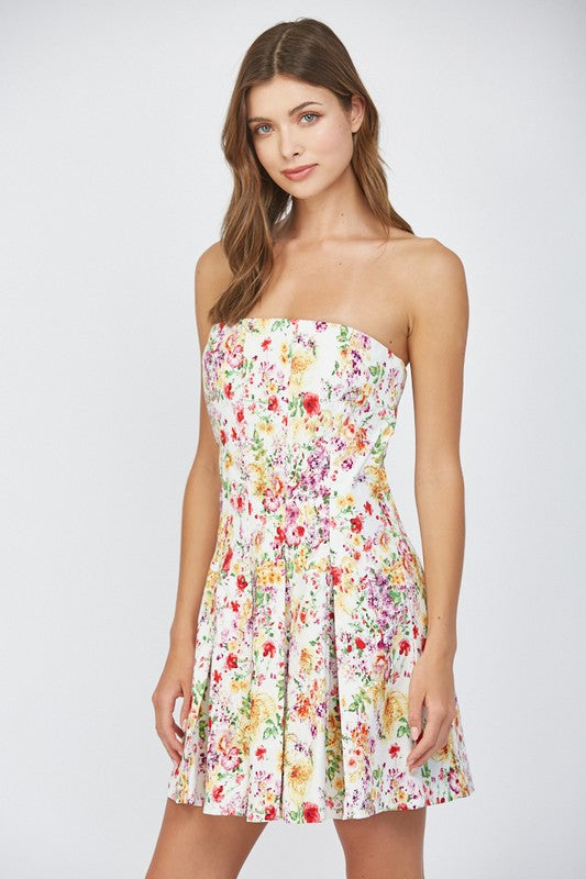 floral strapless pleated dress
