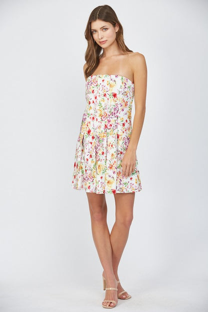 floral strapless pleated dress