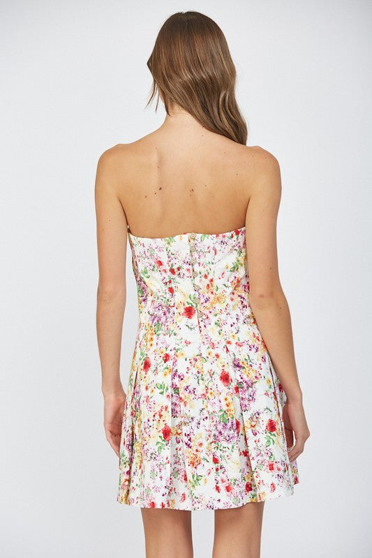 floral strapless pleated dress