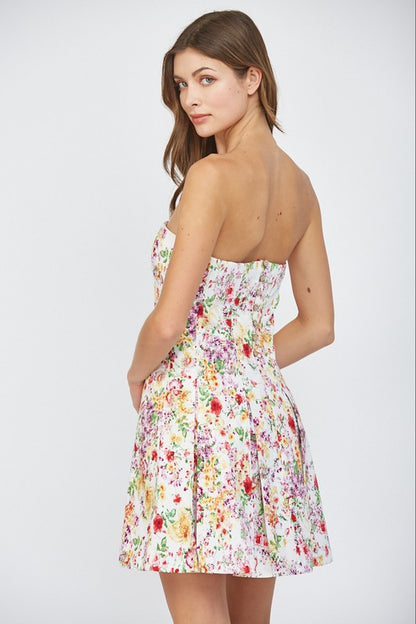 floral strapless pleated dress