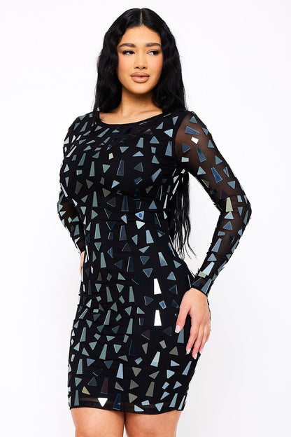 Mirror Glass Pieces Long Sleeve Mini Dress