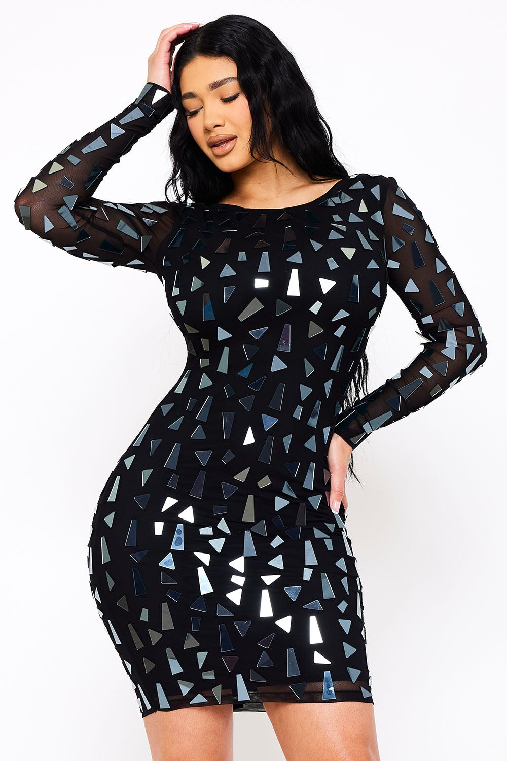 Mirror Glass Pieces Long Sleeve Mini Dress