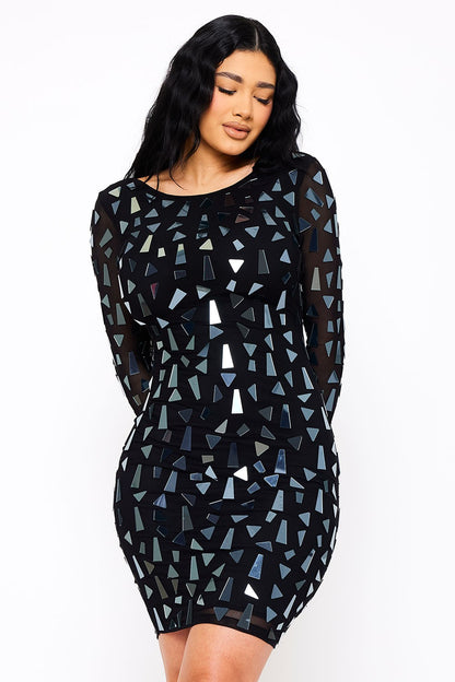 Mirror Glass Pieces Long Sleeve Mini Dress