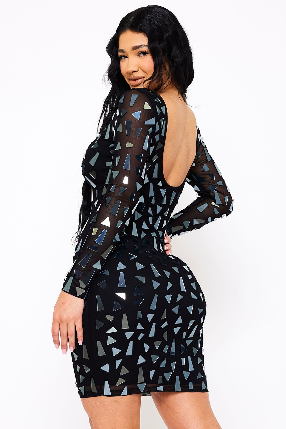 Mirror Glass Pieces Long Sleeve Mini Dress
