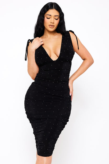 Deep V-neckline Soft Slinky Rhinestone Midi Dress
