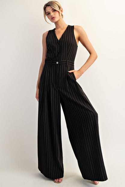 Pinstriped Sleeveless V-neck Jumpsuit