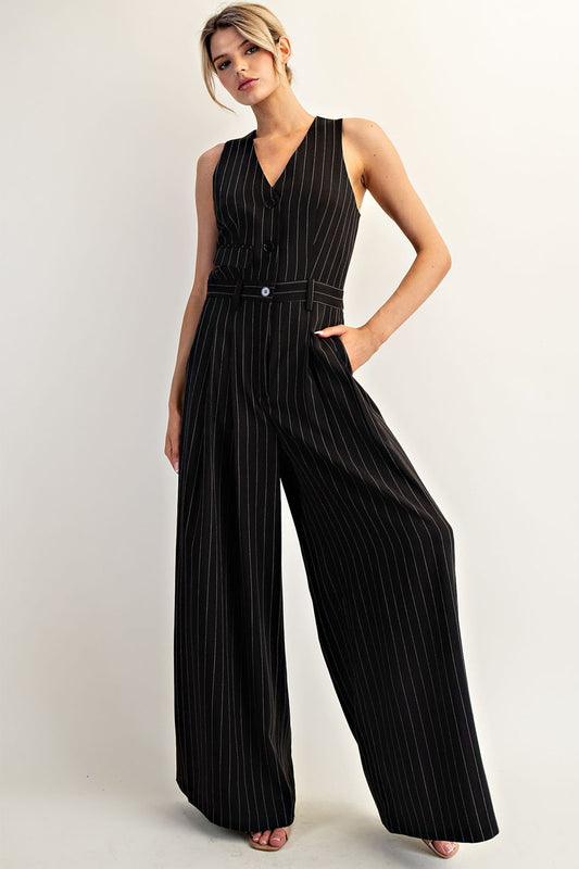 Pinstriped Sleeveless V-neck Jumpsuit
