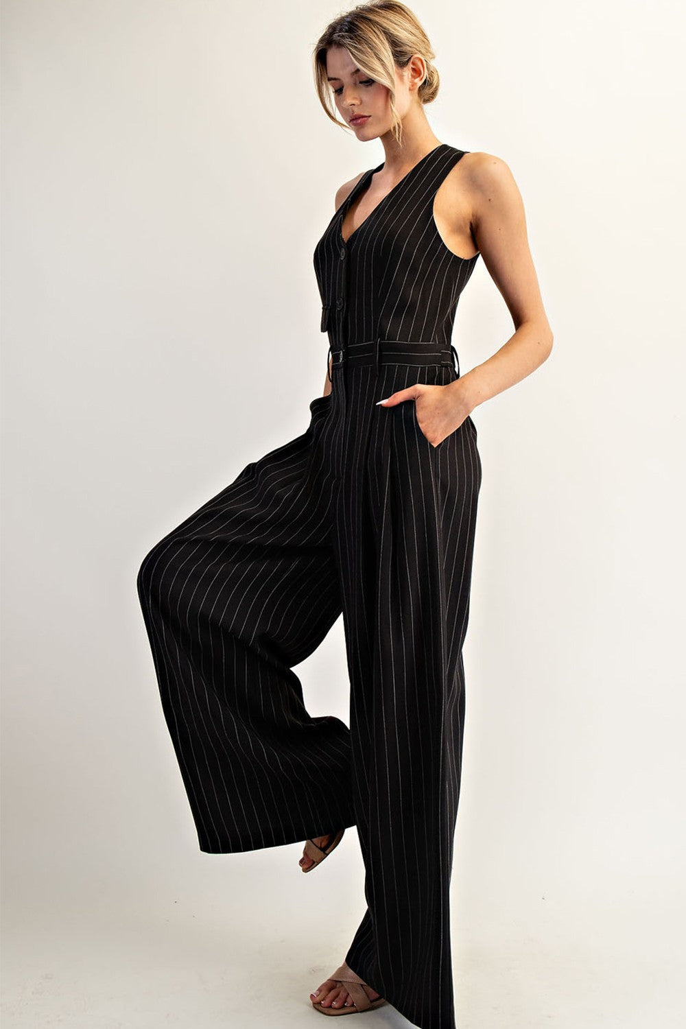 Pinstriped Sleeveless V-neck Jumpsuit