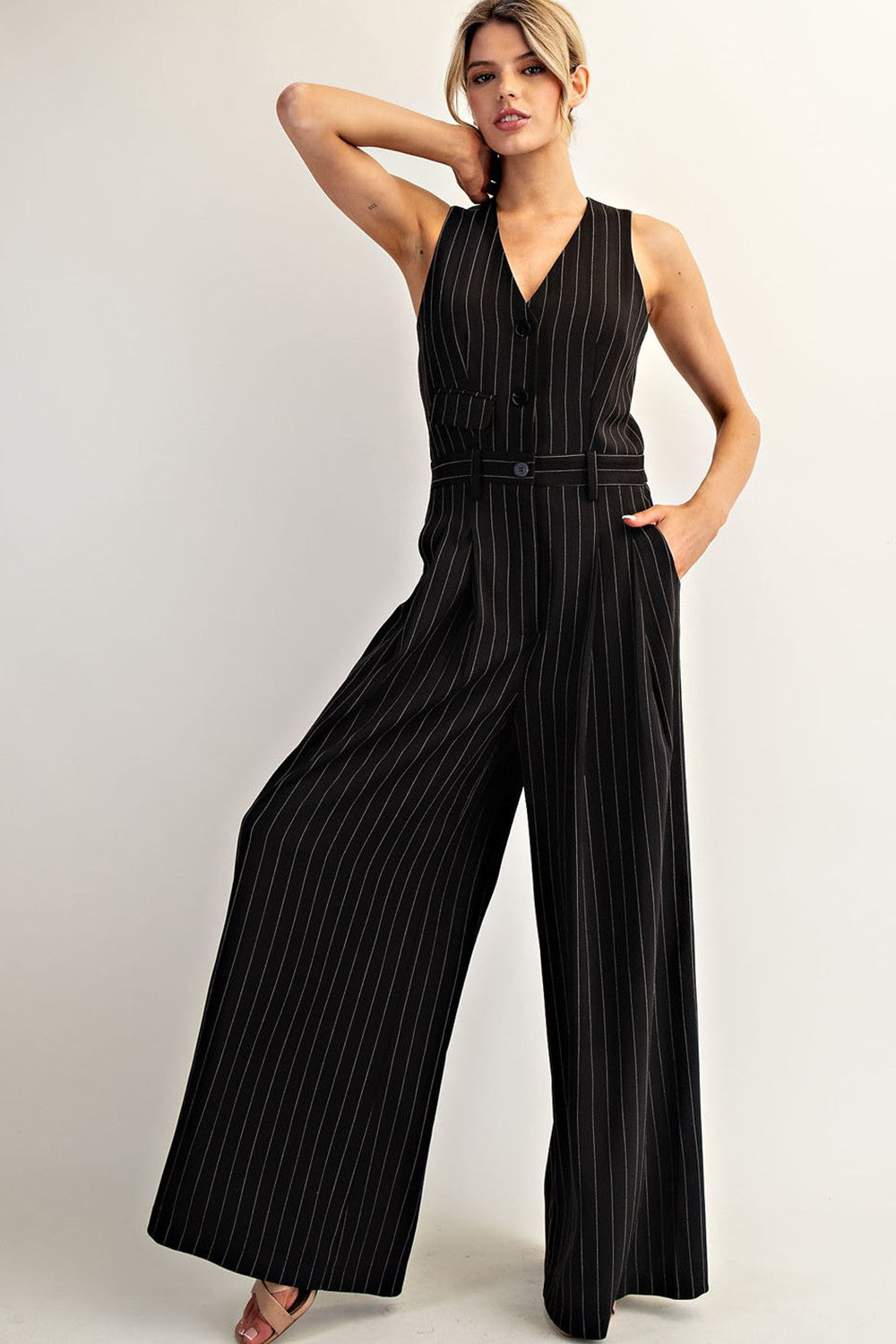 Pinstriped Sleeveless V-neck Jumpsuit