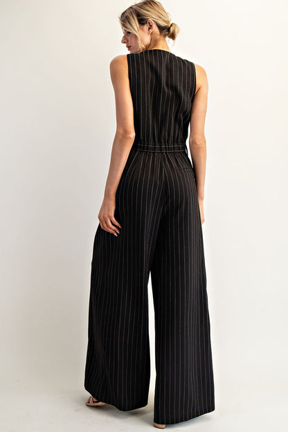 Pinstriped Sleeveless V-neck Jumpsuit