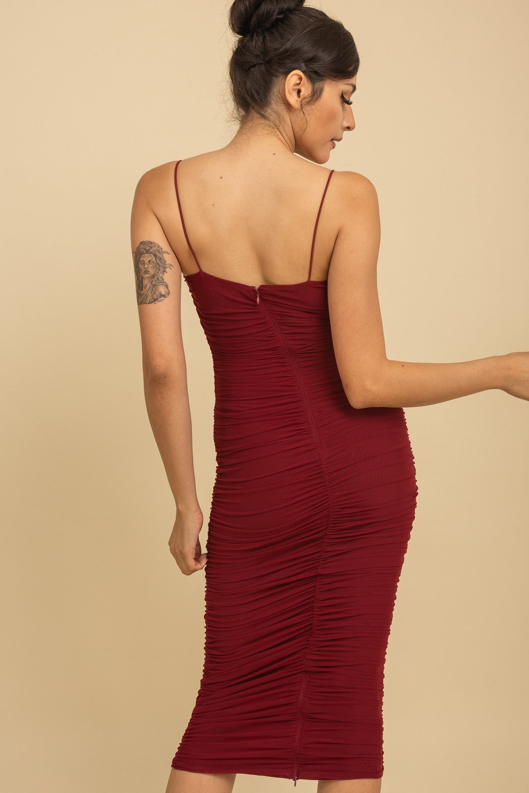 ruched sleeveless midi dress