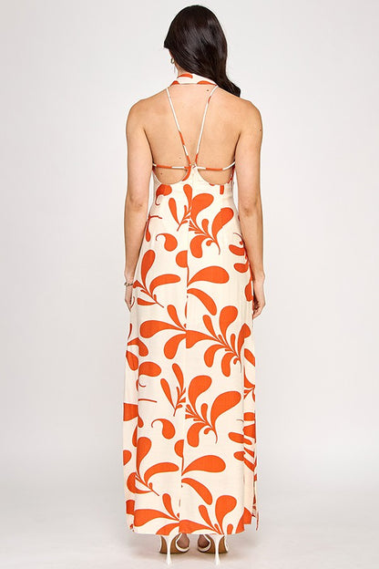 print cowl neck halter maxi dress