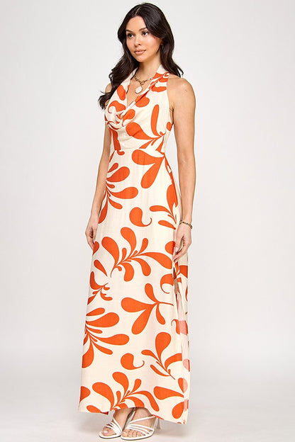 print cowl neck halter maxi dress