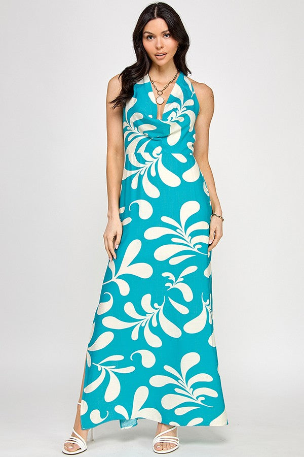 print cowl neck halter maxi dress