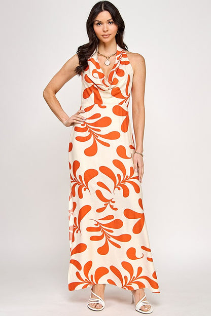 print cowl neck halter maxi dress