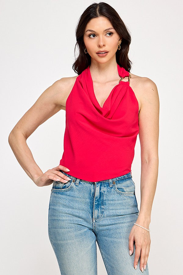 metal detailed cowl neck halter top