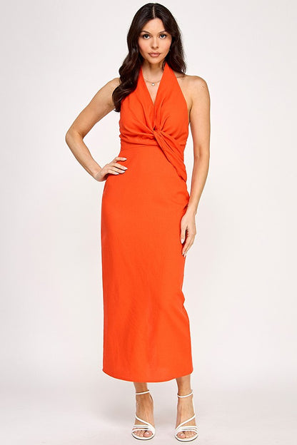 linen twist knot halter midi dress