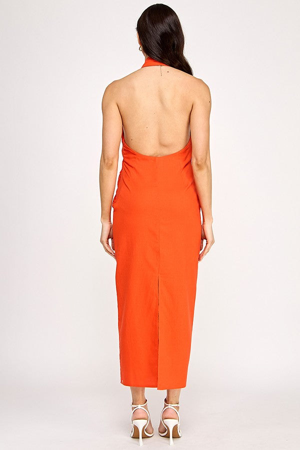 linen twist knot halter midi dress