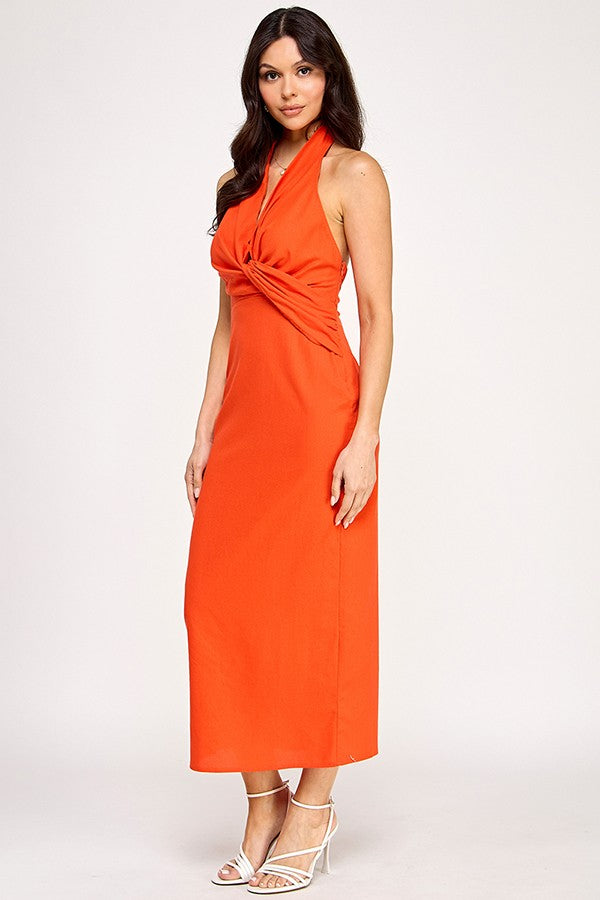 linen twist knot halter midi dress