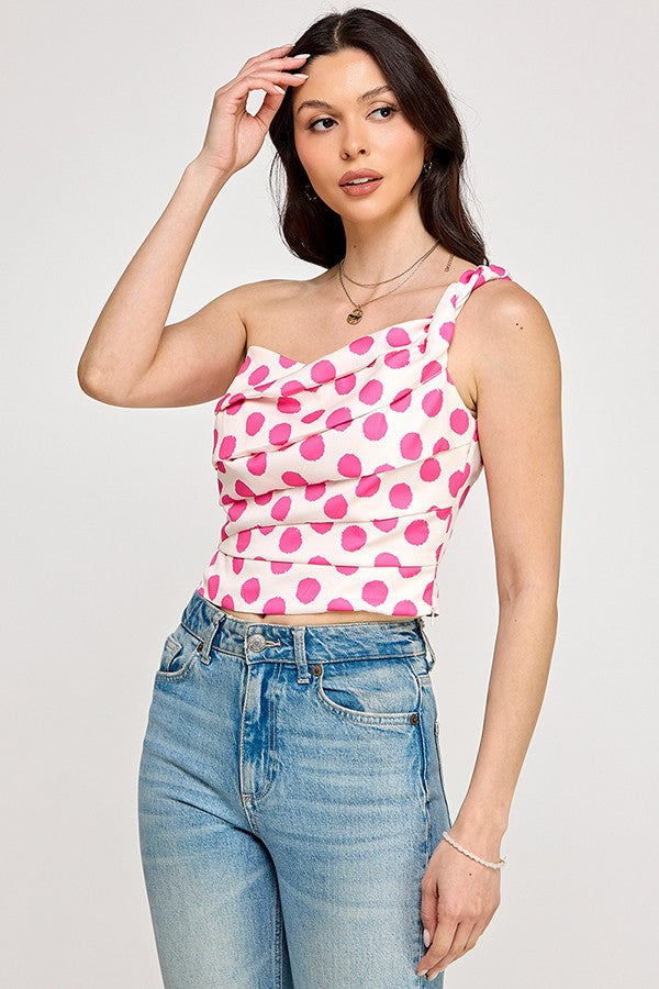 Polka Dot Twisted One Shoulder Top