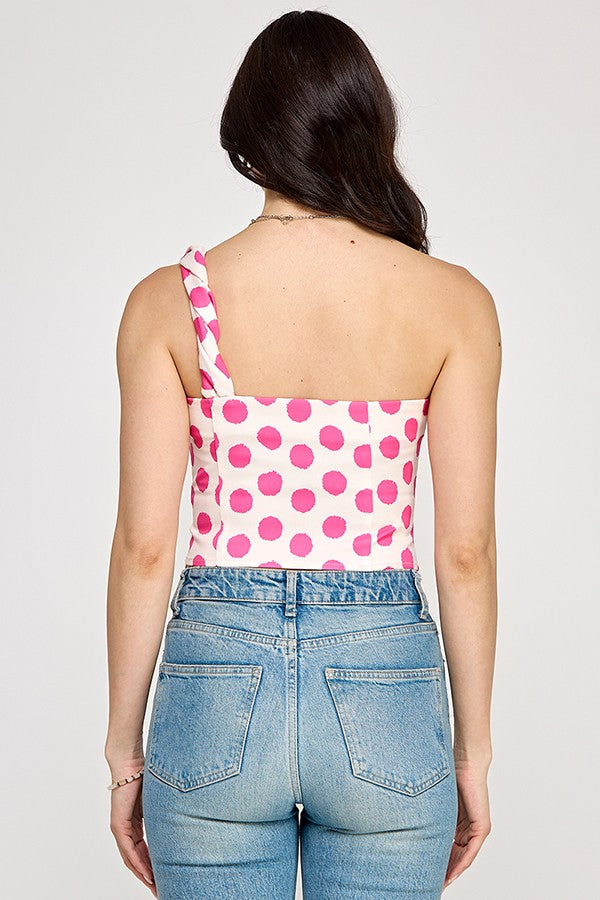Polka Dot Twisted One Shoulder Top