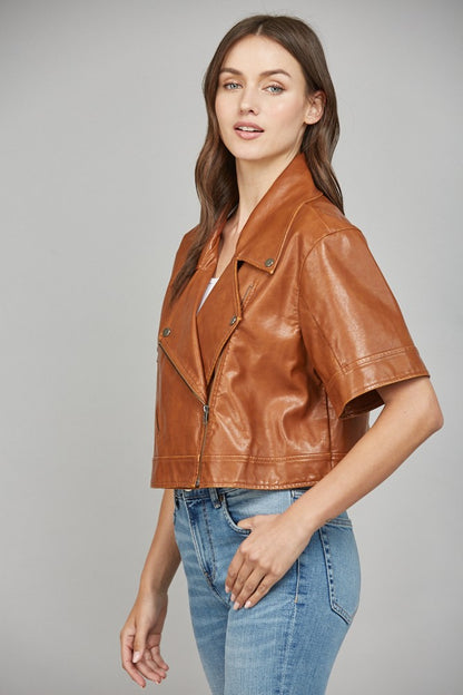 Notch Lapel Collar Short Sleeve Faux Leather Jacket