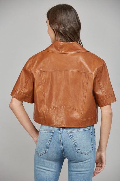 Notch Lapel Collar Short Sleeve Faux Leather Jacket