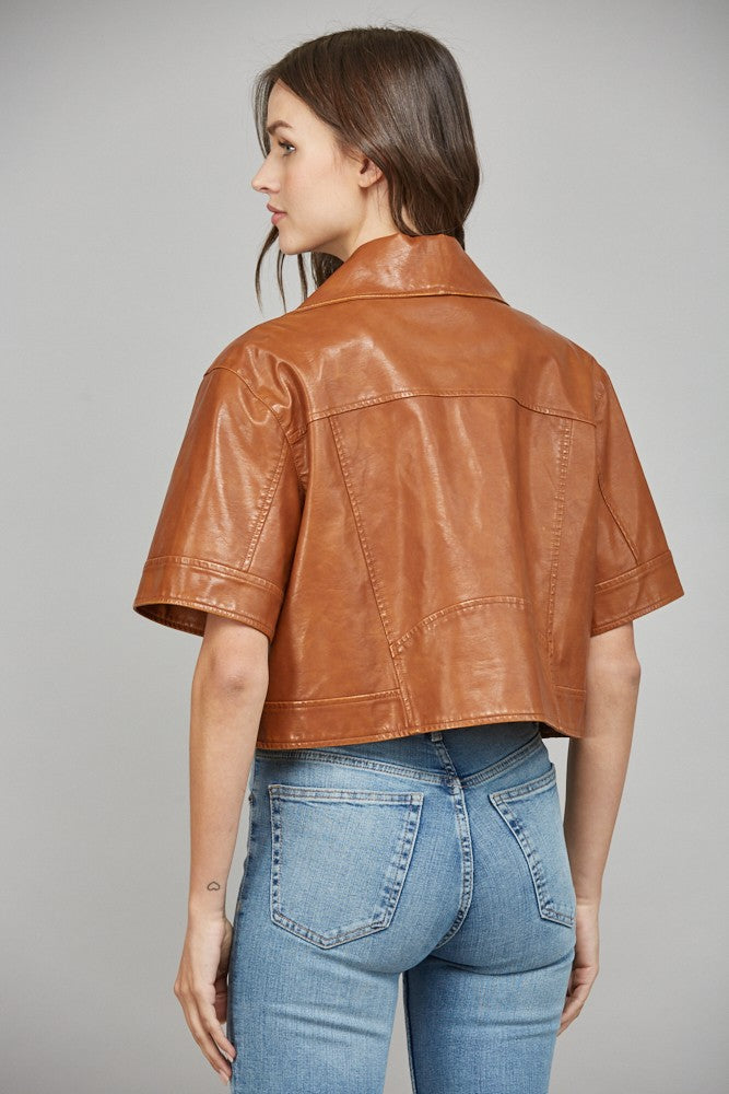 Notch Lapel Collar Short Sleeve Faux Leather Jacket