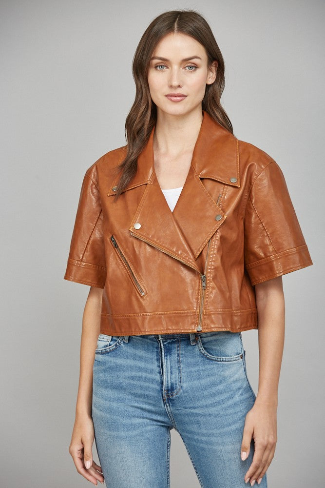 Notch Lapel Collar Short Sleeve Faux Leather Jacket